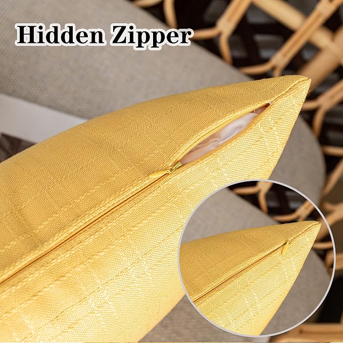 Kevin Textile Outdoor Waterproof 22”x22” Pillow Covers 2 Pack, Yellow | Water Resistant, Soft Faux Linen-cotton Yarn-dyed Woven Texture Throw Pillow Covers for Tent Patio Garden Couch Sofa