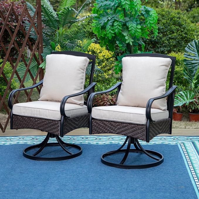 PHI VILLA Swivel Patio Dining Chairs Wicker Chairs Set of 2 with Cushions | Heavy Duty Outdoor Metal Wicker Dining Chair with Padded Cushions, Large All Weather Wrought Iron Patio Chair for Balcony