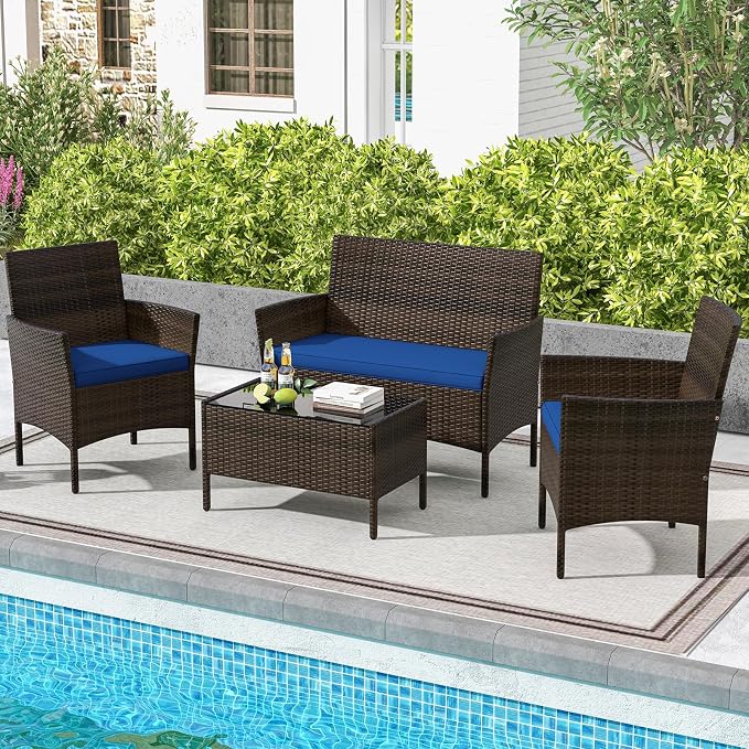 ORALNER 4 Pieces Patio Furniture Set, Rattan Chairs Loveseat with Soft Cushion and Glass Table, Outdoor Wicker Conversation Set for Balcony Garden Backyard Porch Poolside (Navy)