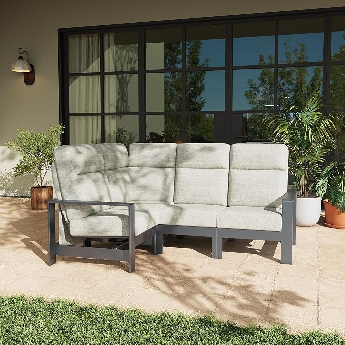 LayinSun 4-Piece Patio Furniture Set, Outdoor Aluminum Conversation Set with 6" Thick Cushions, Modern Sectional Sets for Balcony Backyard Pool