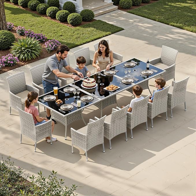 15-Piece Patio Dining Set, Patio Furniture Set with Square Tempered Glass Table & 12 Wicker Chairs, Expandable Design for Larger Groups, Outdoor Furniture for Backyard, Deck, Garden, Beige