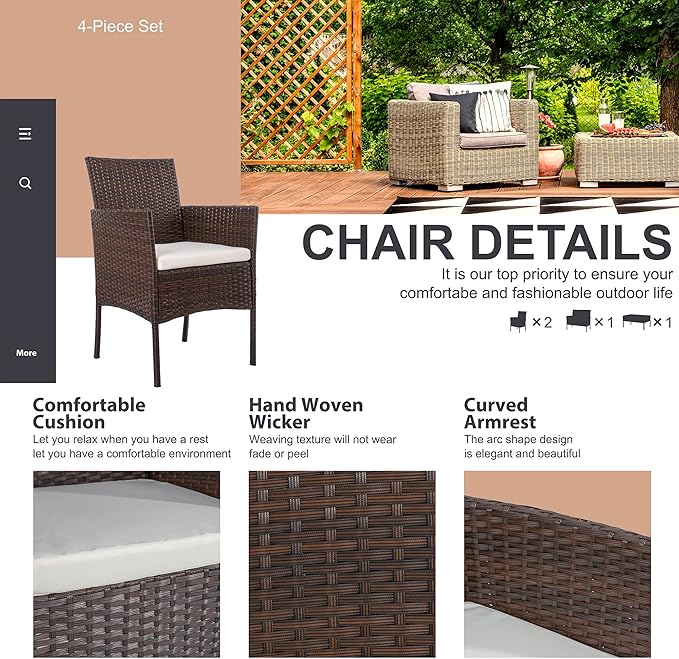 Shintenchi 4 Piece Patio Furniture Sets, Outdoor Small Patio Table and Chairs Set, Rattan Patio Conversation Set, Balcony Porch Furniture with Tempered Glass Coffee Table for Outside, Brown