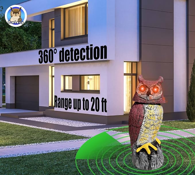 Solar Owl Guard with Motion Detector, Flashing Eyes, Spinning Head, Realistic Hooting and Silent Mode, Garden Owl, Outdoor Statue, Decoration for Home, Garden, Patio and Fence