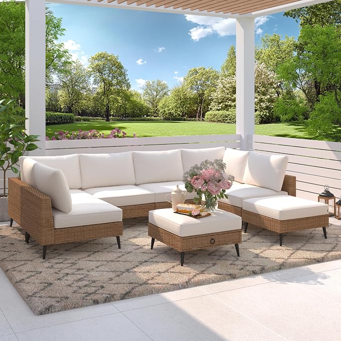 LVUYOYO 8 Pieces Outdoor Patio Furniture Set, Wicker Sectional Sofa Set for All-Weather, Rattan Conversation Sets with Cushions and Storage for Deck, Backyard, Porch (Khaki)