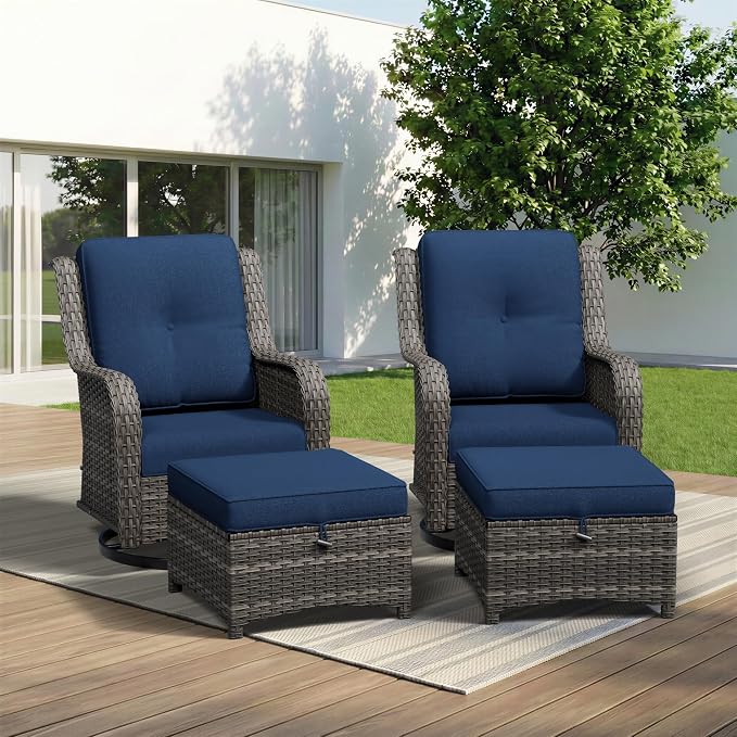 4 Piece Outdoor Wicker Patio Furniture Set, Outdoor Swivel Rocker Patio Chairs Set with Thickened Olefin Cushions, High Back and Deep Seating, Hand-Woven PE Rattan, Ottoman for Porch, Deck