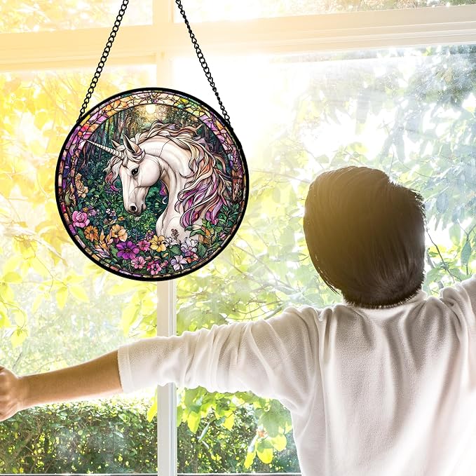 DASTOLL Stained Glass Window Hanging, Unicorn Flowers Suncatcher for Doors Home Sun Catchers Decoration and Christmas, Mother's Day Birthday Gifts for Women, Men, and Mom 9.8 in
