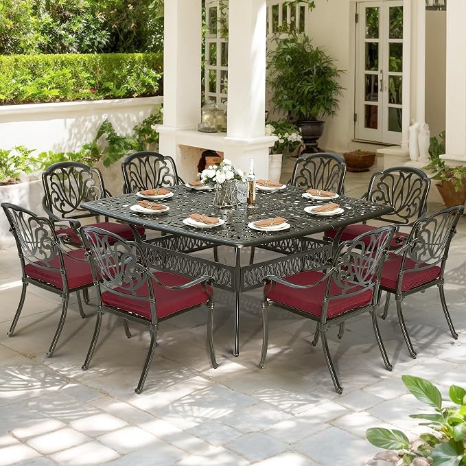 9-Piece Patio Cast Aluminum Dining Set, Outdoor Dining Furniture Set for 8 Person, Includes 64" Square Table and 8 Cushioned Chairs with Umbrella Hole for Patio Deck Garden, Red