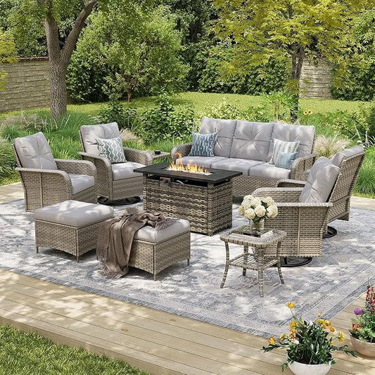 Aoxun 10-Piece Patio Furniture Set with 44'' Fire Pit Table, Luxury Outdoor Furniture Set with 360° Swivel Chairs, Patio Conversation Set for Backyard, Poolside & Garden, Beige/Gray