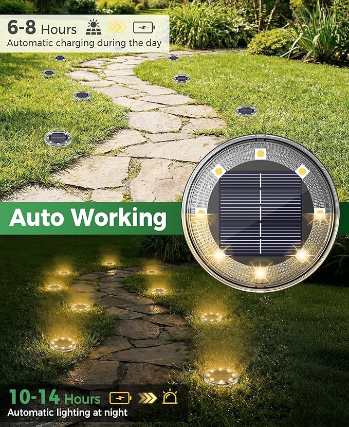 LOTMOS 30 Pack Solar Ground Lights Outdoor, 8 LED Solar Flat Lights IP68 Waterproof Disc Light, Landscape Lighting Solar Powered for Garden Yard Path Driveway Lawn Patio Walkway, Warm White