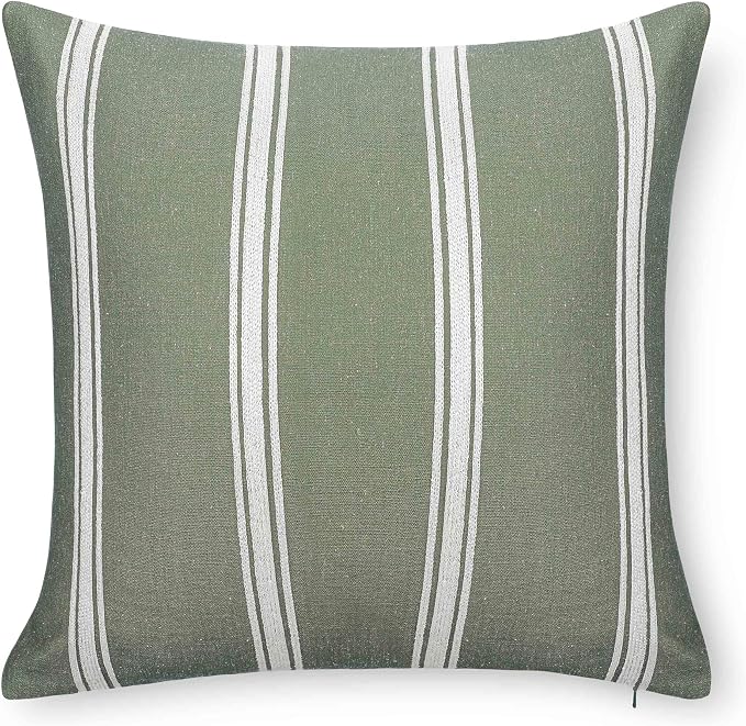 Modern Farmhouse California Casual Indoor Outdoor Throw Pillow Cover, 20"x20" Water Repellent for Patio, Backyard, Couch, Poolside, Oliver Green White Embroidered Stripes