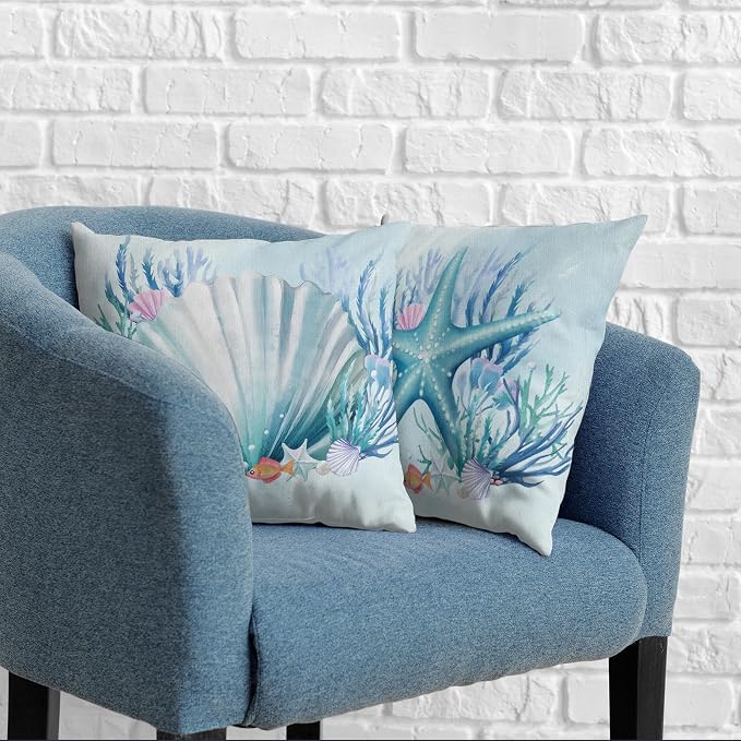 Ocean Themed Coastal Pillow Covers Seashells Starfish Throw Pillow Covers 18x18 Set of 2 Blue Seaweed Coral Pillowcase Double Sided Printing Cushion Case for Patio Outdoor Sofa