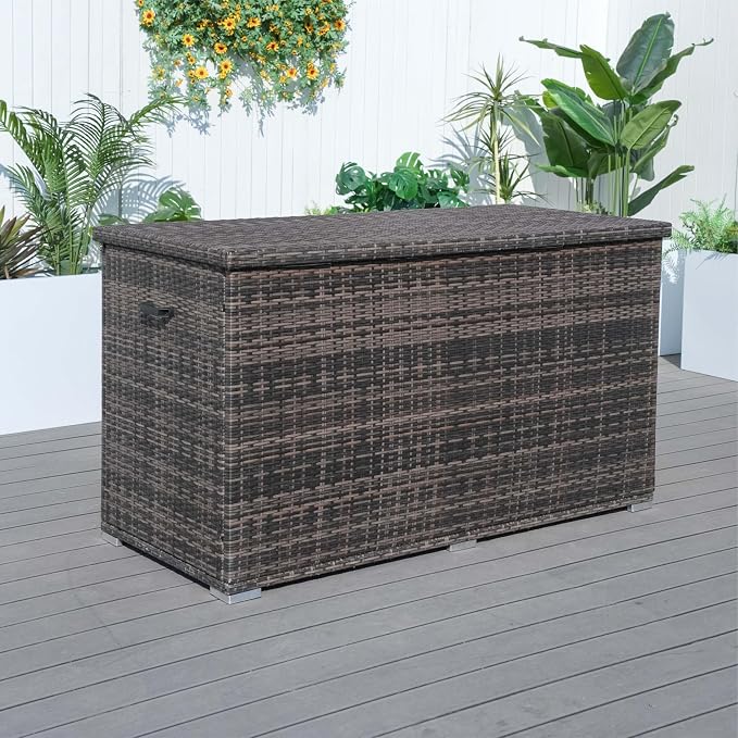 Outdoor 286 Gallon Large Rattan Deck Storage Box by Brown-Steel