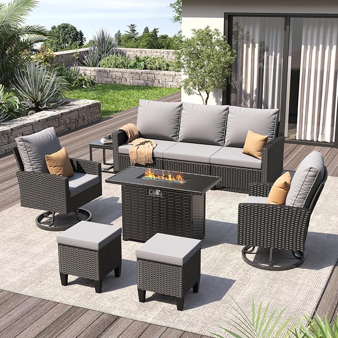 UDPATIO Patio Furniture Set with Fire Pit Table, 7 Pieces Outdoor Conversation Sets with Swivel Chairs and Ottomans, All-Weather Rattan Wicker Patio Sofa Couch for Backyard, Deck, Porch, Grey/Black