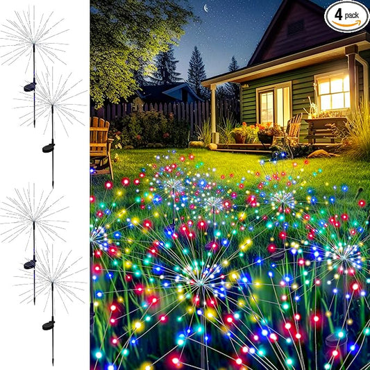 GIGALUMI 4 Pack Solar Firework Lights Outdoor, Garden Decor, Multicolored | 120 LEDs, Fairy Design, Waterproof, Garden Decor, Solar Powered for Yard, Pathway, Flowerbed, Planter, Balcony, Gifts for Mom
