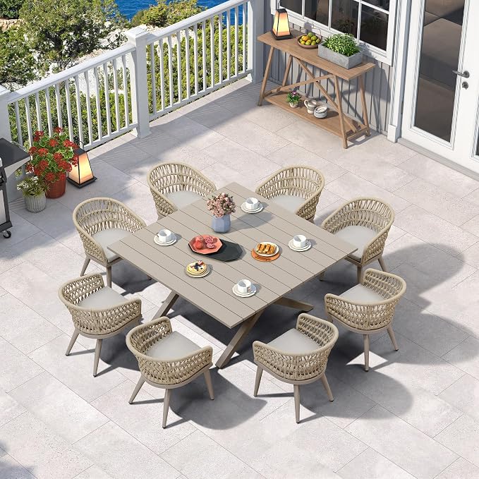 PURPLE LEAF 9 Pieces Outdoor Dining Set All-Weather PE Rattan Outdoor Patio Furniture Set with All Aluminum Frame Square Table and Chairs Set for Lawn Garden Backyard Deck, Champagne