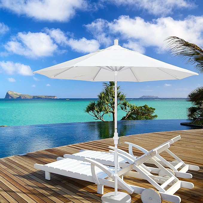 California Umbrella 9' Round Aluminum Patio Umbrella, Crank Lift, Collar Tilt, White Pole, Air Blue