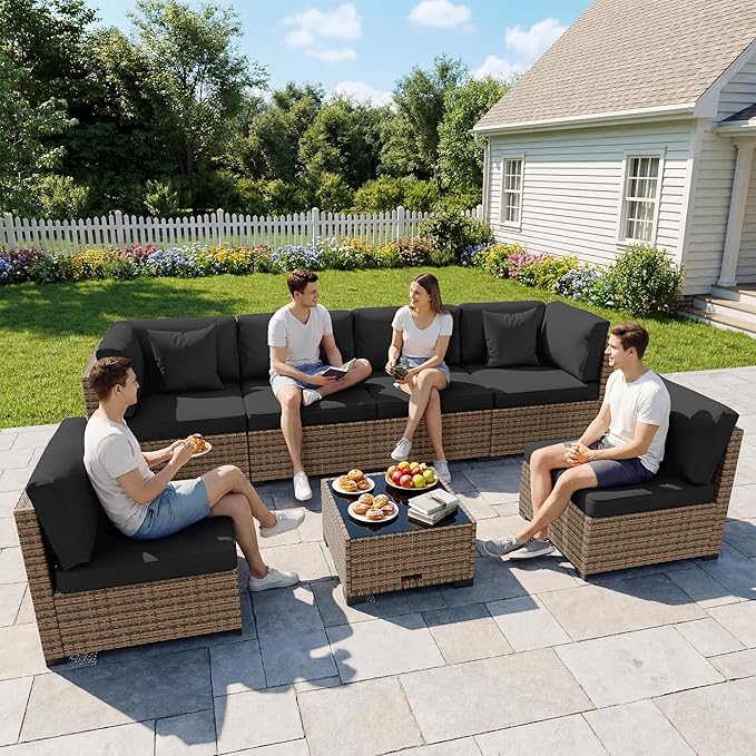 LHBcraft 7 Pieces Outdoor Furniture Set, Wicker Furniture Patio Conversation Sets with Tea Table and Thickened Black Cushions, Outdoor Patio Sectional Sofa for Garden, Poolside, Backyard