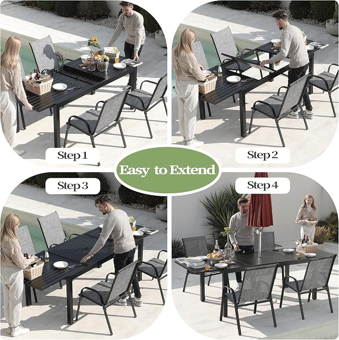 PIZZELLO 11 Pieces Outdoor Dining Set, 106" Aluminum Extendable Patio Dining Table w/ 10Pcs Stackable Textilene Chairs, All Weather Outdoor Table and Chairs Sets for Backyard, Garden and Deck