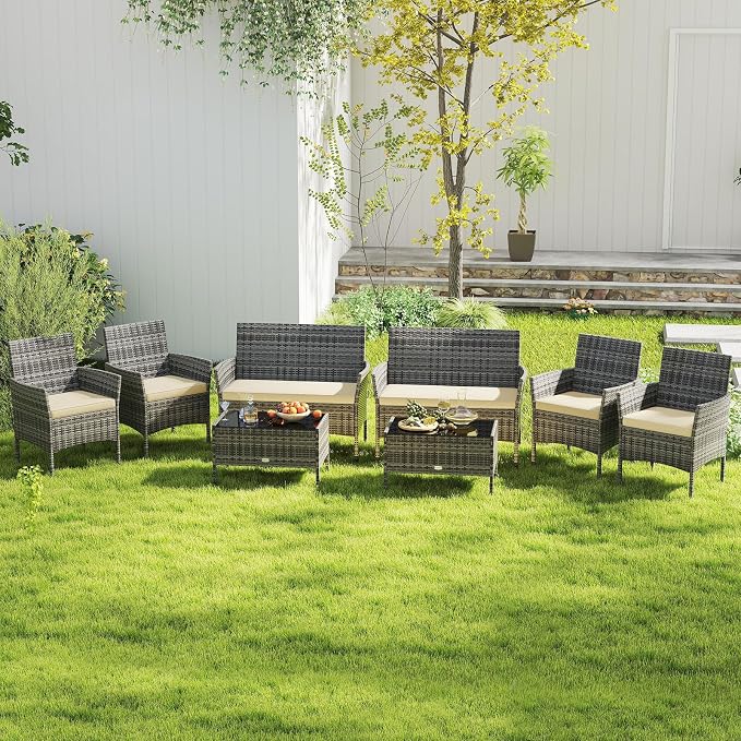 RELAX4LIFE 8-Piece Patio Furniture Set - Rattan Outdoor Conversation Bistro Set w/Cushions, Glass Coffee Table, Wicker Chairs & Loveseat for Pool Garden Backyard Porch Balcony (2, Mix Grey-Beige)