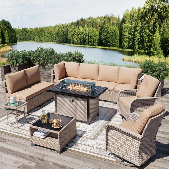 11 Pieces Patio Furniture Set with Fire Pit Table, Outdoor Sectional Wicker Sofa with Thick Cushions, High Back Swivel Rocker Patio Chairs, Rattan Conversation Set with Coffee Table, Khaki