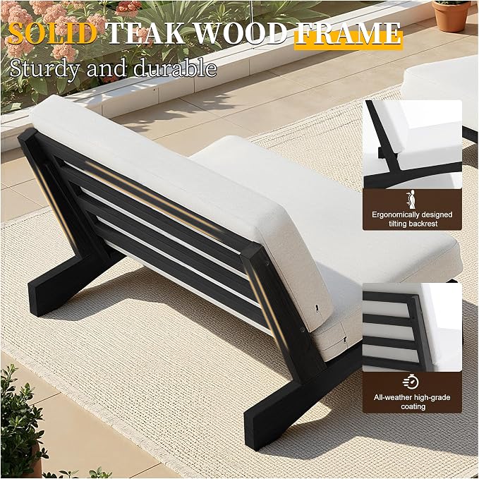 Outdoor Furniture Patio Couch, Weather Resistant Patio Loveseat Sofa Couch with Removable Cushion, Black Wood Frame for Porch & Backyard Seating - Beige