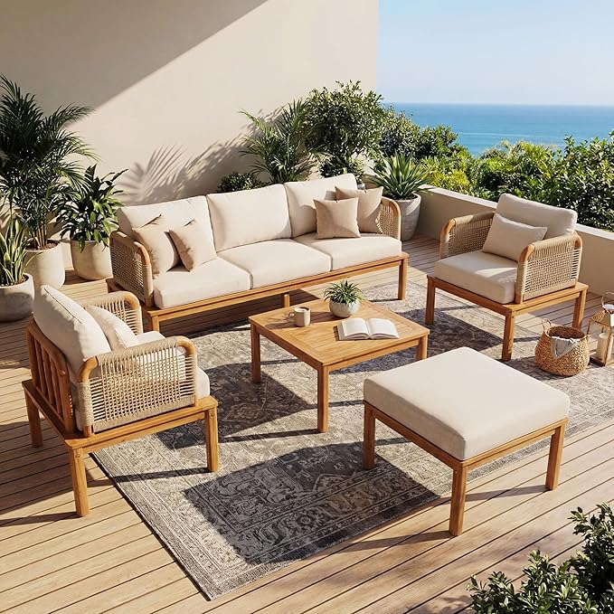 Merax Outdoor 5-Piece Acacia Wood & Rope Patio Sofa Set with Ottoman & Table, Water-Repellent Cushions, for Garden & Patio
