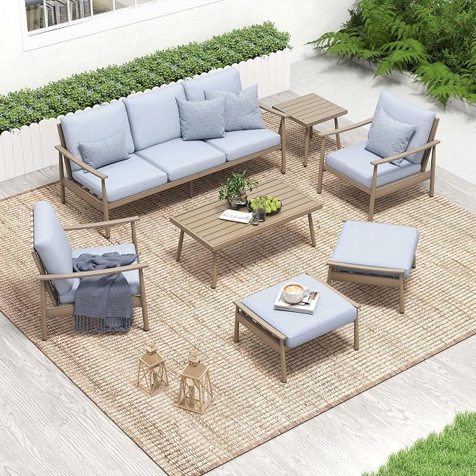 HAPPATIO Patio Outdoor Furniture Set - 7 Pieces Aluminum Outdoor Conversation Set Includes 1 Three-Seater Sofa, 1 Coffee Table, 1 Side Table, 2 Armchairs and 2 Ottomans for Porch Lawn (Brown)