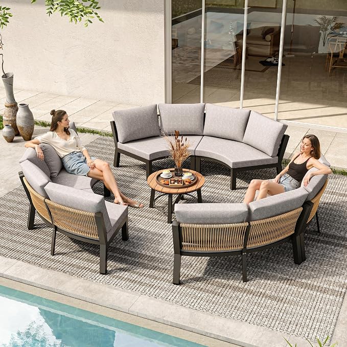 Outdoor Patio Furniture Set, 4 Piece Half Moon Aluminum Patio Conversation Sets Curved Sofa with PE Rope, All-Weather Sectional Furniture Set with Modular Coffee Table & Cushions, Gray