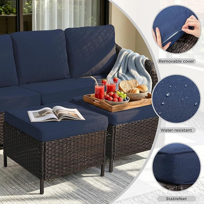 77 inch Outdoor Wicker 3 Seater Sofa, All-Weather Use Patio Rattan Sofa with Seat and Back Cushion, Ideal for Porch, Backyard, Balcony, Poolside, Blue