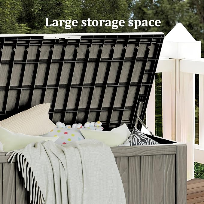 150 Gallon Deck Box Organizer, Doubles as 2-Person Bench Seat, Gray Large Resin Outdoor Storage and Seating with Lockable Lid for Garden, Pool, and Patio