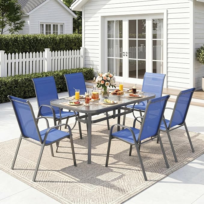MAMIZO 7 Pieces Patio Dining Set for 6, Outdoor Table and Chairs w/Rectangle Glass Table and 6 Textilene Stackable Chairs, Patio Furniture Set w/1.69" Umbrella Hole (Grey Table & Navy Blue Chair)