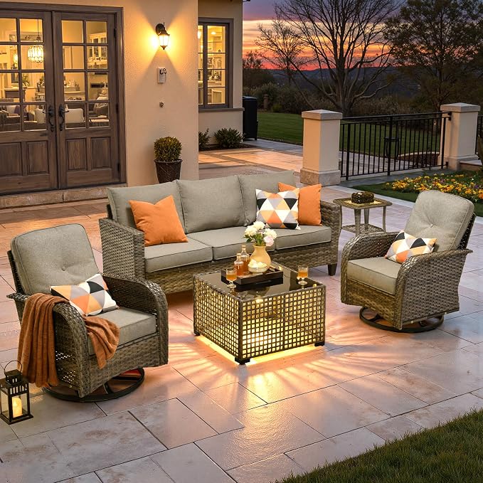 ovios 5 Pieces Patio Furniture Set, Outdoor Wicker Sofa Couch with Swivel Glider Chairs Solar Lights Table, Modern Deep Seat Rattan Conversation Sets for Deck Porch, Dark Grey
