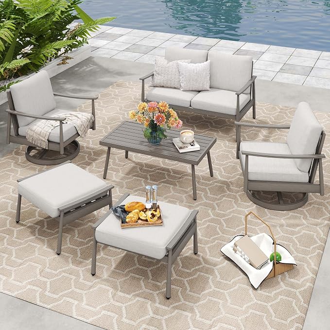 HAPPATIO Patio Outdoor Furniture Set - 6 Pieces Aluminum Outdoor Conversation Set with 1 Cushioned Loveseat, 1 Coffee Table, 2 Swivel Chairs, and 2 Ottomans for Yard, Porch, and Deck (Grey)