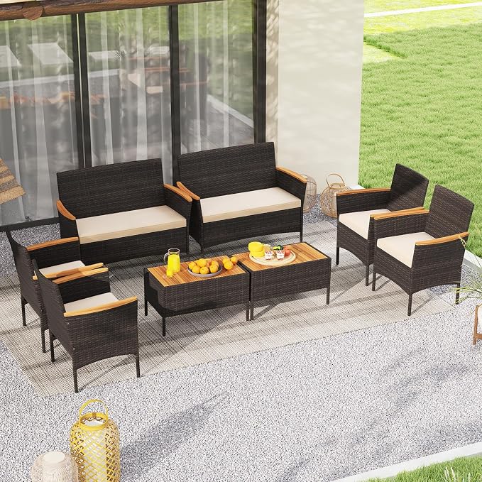 Tangkula 8 Pieces Patio Wicker Sofa Set, 2 Rattan Chairs & Loveseat w/Coffee Table, Acacia Wood Armrests & Tabletop, Outdoor Cushioned Conversation Set for Backyard, Poolside (Beige, 8 Pieces)