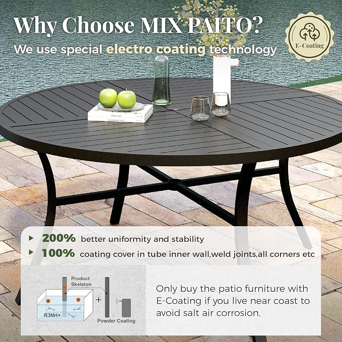 MIXPATIO 7 Pieces Outdoor Table and Chairs, Patio Dining Set for 6 Includes 54" Round Outdoor Table and 6 Patio Chair Set, Outdoor Dining Furniture Set for Lawn Backyard Deck, Red