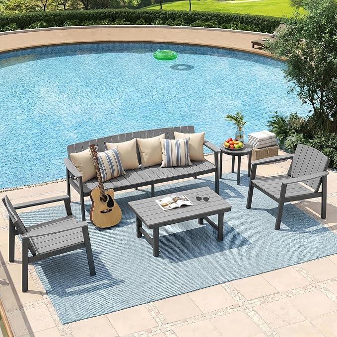 Aluminum Patio Furniture Set, Outdoor Furniture Set 5 Pieces Aluminum Frame HDPS Faux Wood, All Weather Conversation Set for Backyard, Garden, Poolside Grey