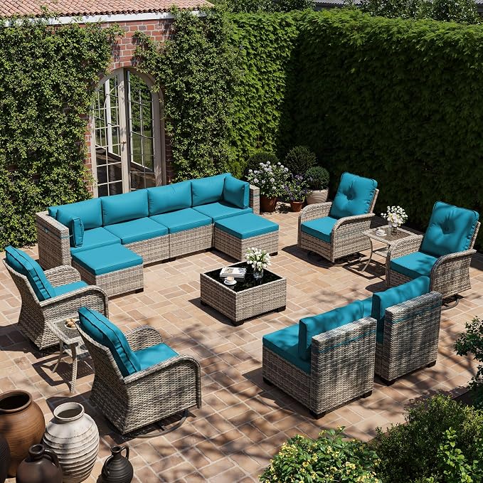 15-Piece Outdoor Patio Furniture Set with Rocking Swivel Chair, Wicker Rattan Sectional Sofa Conversation Set with Tempered Glass Table with Ottomans, Backyard Furniture, Turquoise