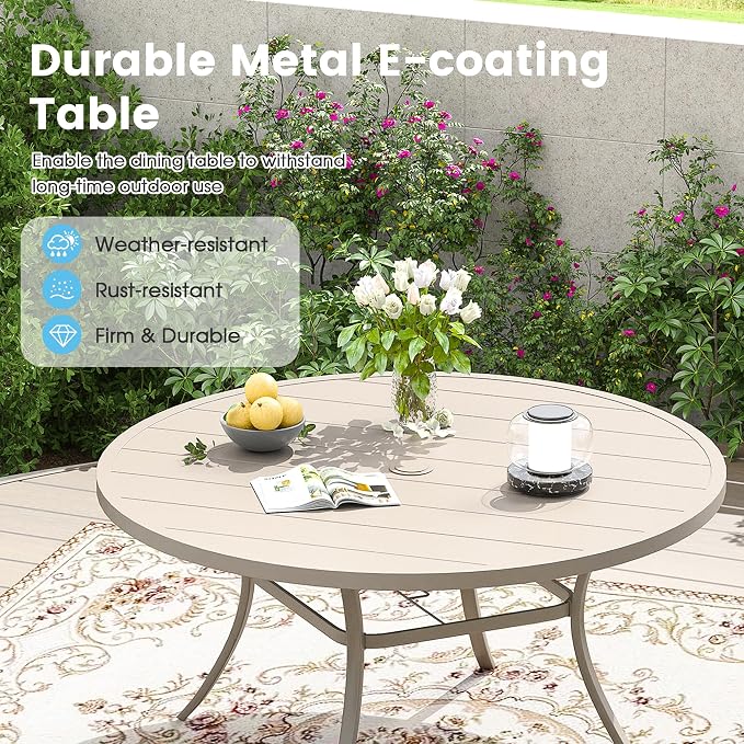 9 Pieces Outdoor Patio Dining Table Set, 60" All Weather Round Metal Table with Umbrella Hole and 8 High Back Textilene Swivel Chairs for Garden, Lawn, Poolside, Sandshell