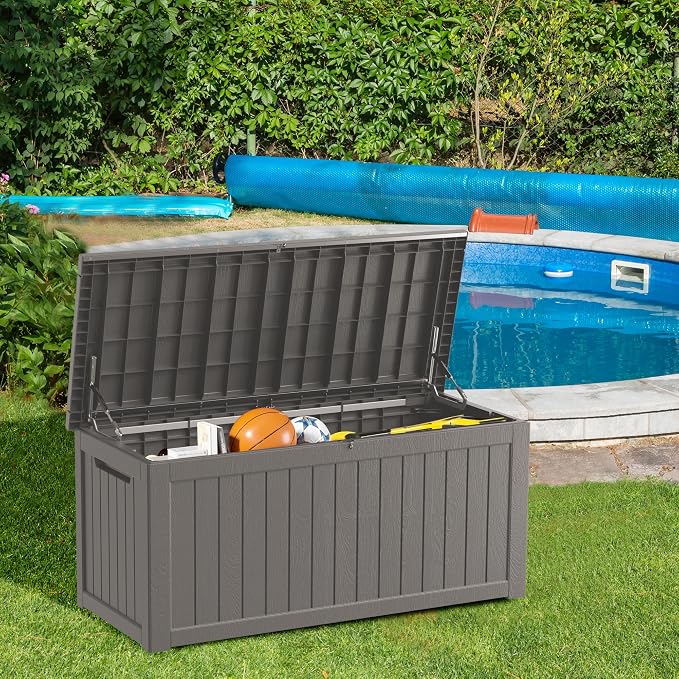 Outdoor Storage Box 270GAL Waterproof Resin Deck Box,UV-Resistant Lockable Delivery Bin for Garden Tools,Large Patio Outside Cushions,Pool Accessories Supplies,Chest,Furniture,Package,Grey
