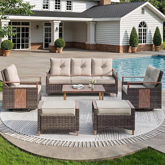 Nestnook 6 Pieces Patio Furniture Set, Outdoor All-Weather Handwoven PE Wicker Swivel Chairs, Conversation Set with Coffee Table, Sofa with Thick Cushion & Ottoman for Backyard, Deck & Poolside, Beige