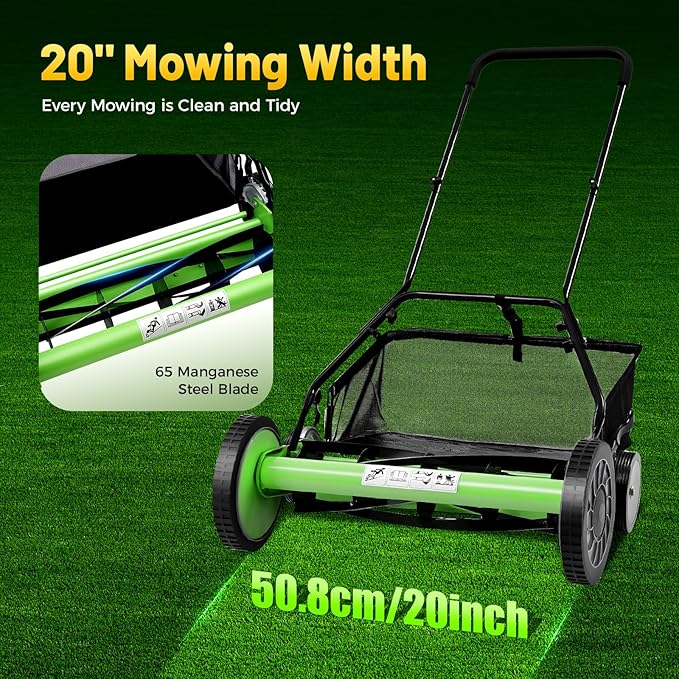 Manual Push Reel Lawn Mower, 20-Inch 5-Blade with 9-Position Height Adjustment, Grass Catcher, Low Noise Operation for Garden and Yard