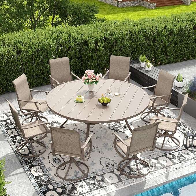 DIFY Outdoor Dining Set for 8, 9 Piece Patio Table and Chairs Set, Swivel Patio Dining Chairs with Textilene Fabric & 63" Round Metal Dining Table with Umbrella Hole, for Garden Backyard, Sandshell