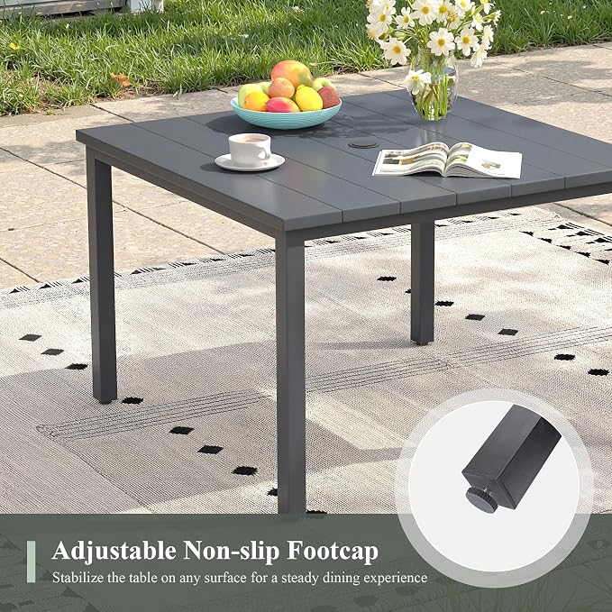 5 Pieces Outdoor Dining Set, 40.2" Square Table with Umbrella Hole & Stackable Patio Dining Chairs, Patio Table and Chairs Set for Deck Garden Porch, Grey Chairs & Dark Grey Table