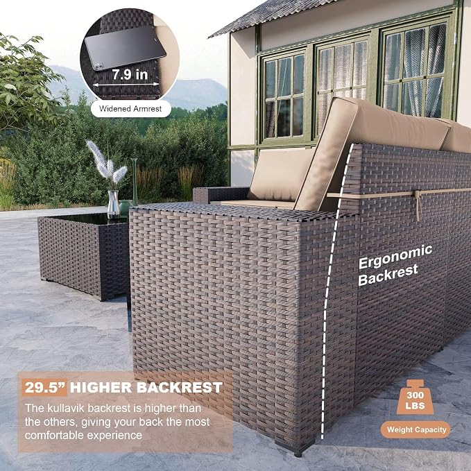 Kullavik 9 Pieces Outdoor Patio Furniture Set,PE Wicker Rattan Sectional Sofa Patio Conversation Sets with Tempered Glass Table,Swivel Rocking Chairs Set,Sand
