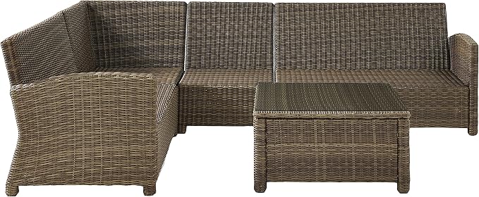 Crosley Furniture Bradenton 5-Piece Outdoor Sectional Sofa Wicker Conversation Patio Furniture Set for Deck, Brown with Sand Cushions