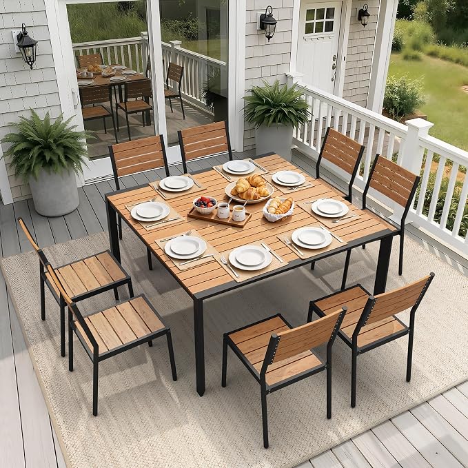 9-Piece Square Outdoor Dining Set, 56" Patio Table and Stackable Chairs | Aluminum Frame Adjustable Umbrella Hole All-Weather Wood Grain Tabletop for Garden, Deck, Backyard, Brown