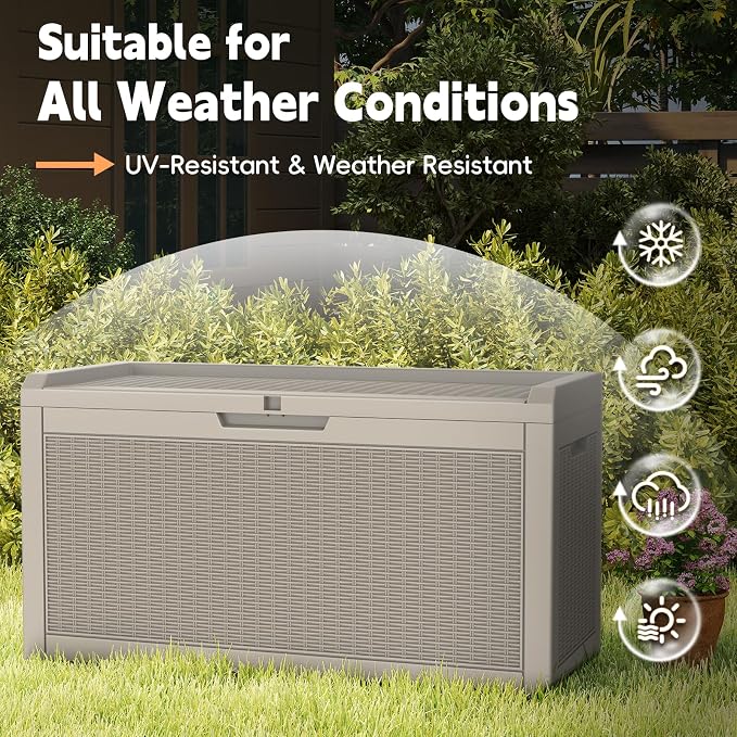 LubanNese Outdoor Storage Box, Waterproof Deck Box, Outdoor Patio Storage Bin, Weatherproof (Grey, 66 Gallon with Seat)