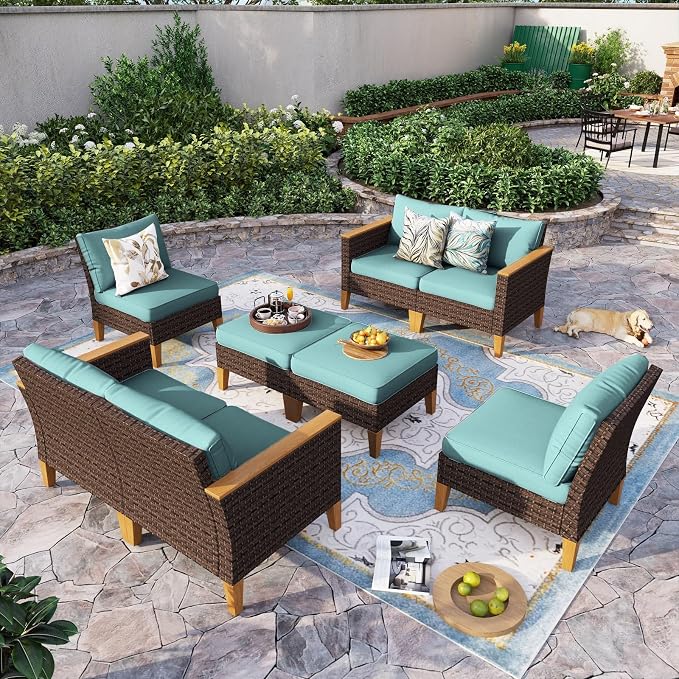 Sophia & William Oversized Patio Furniture Set, 8 Piece Outdoor Wicker Conversation Set Rattan Sectional Sofa, 4 Corner Sofa, 2 Armless Sofa, 2 Ottoman for Backyard, Deck, Pool(Aqua Blue)