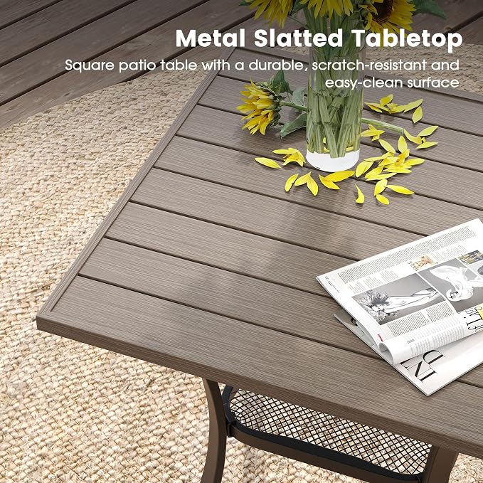 DIFY 3 Piece Outdoor Dining Set for 2, Patio Furniture Set with Padded Textilene Swivel Patio Chairs and 27.6" Small Square Metal Dining Table, Sandshell Fabric & Grey Wood-Like Tabletop
