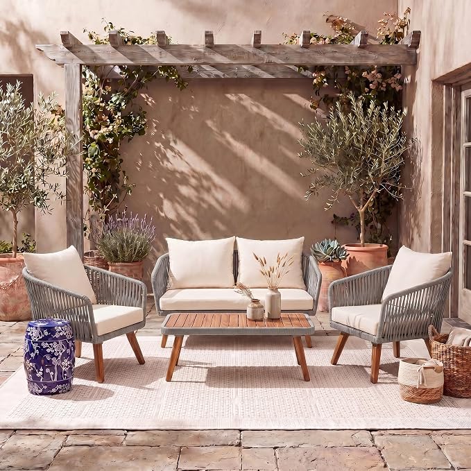 SAFAVIEH PAT7074A Outdoor Ransin Rope 4-Piece Seat Cushions and Pillows Included Patio Set